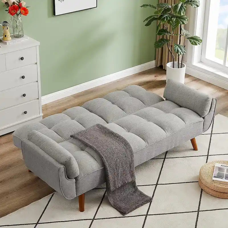 Canapé futon en velours, causeuse futon convertible avec dossier réglable et pieds coniques en bois pour salon, chambre à coucher