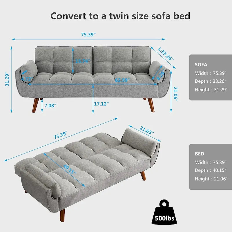 Canapé futon en velours, causeuse futon convertible avec dossier réglable et pieds coniques en bois pour salon, chambre à coucher