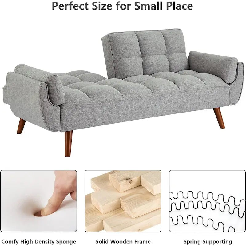 Canapé futon en velours, causeuse futon convertible avec dossier réglable et pieds coniques en bois pour salon, chambre à coucher