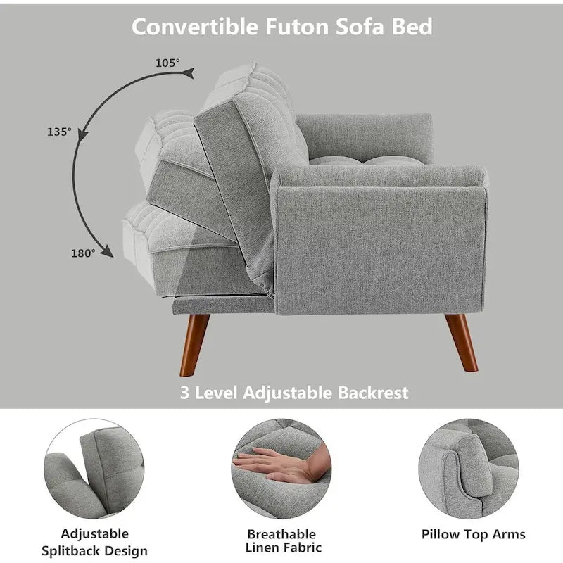 Canapé futon en velours, causeuse futon convertible avec dossier réglable et pieds coniques en bois pour salon, chambre à coucher