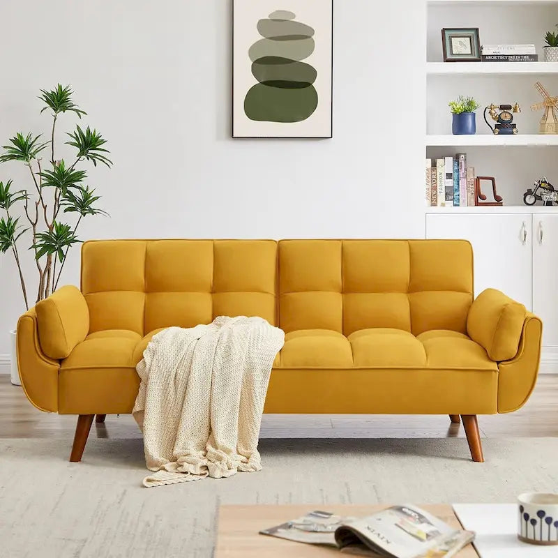 Canapé futon en velours, causeuse futon convertible avec dossier réglable et pieds coniques en bois pour salon, chambre à coucher