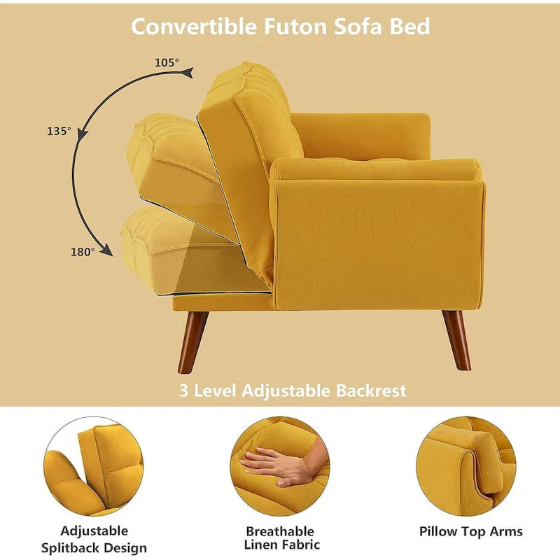 Canapé futon en velours, causeuse futon convertible avec dossier réglable et pieds coniques en bois pour salon, chambre à coucher