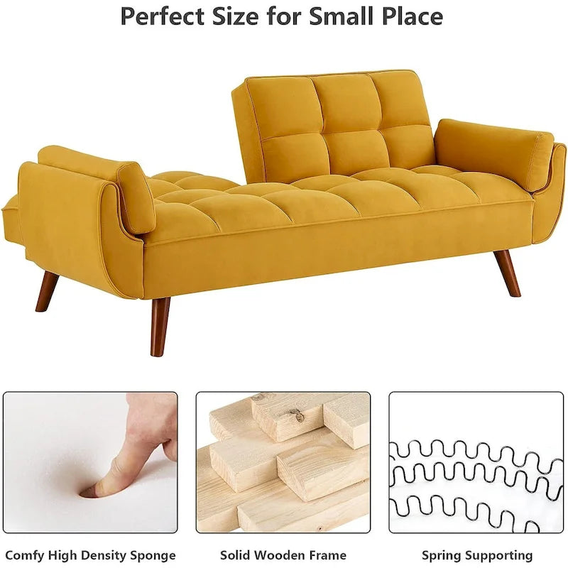 Canapé futon en velours, causeuse futon convertible avec dossier réglable et pieds coniques en bois pour salon, chambre à coucher