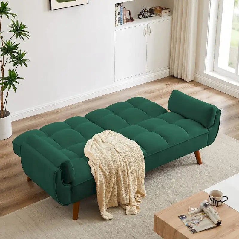 Canapé futon en velours, causeuse futon convertible avec dossier réglable et pieds coniques en bois pour salon, chambre à coucher