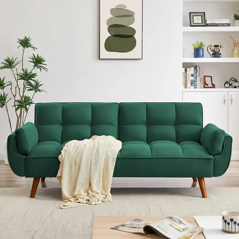 Canapé futon en velours, causeuse futon convertible avec dossier réglable et pieds coniques en bois pour salon, chambre à coucher