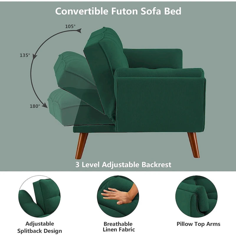 Canapé futon en velours, causeuse futon convertible avec dossier réglable et pieds coniques en bois pour salon, chambre à coucher