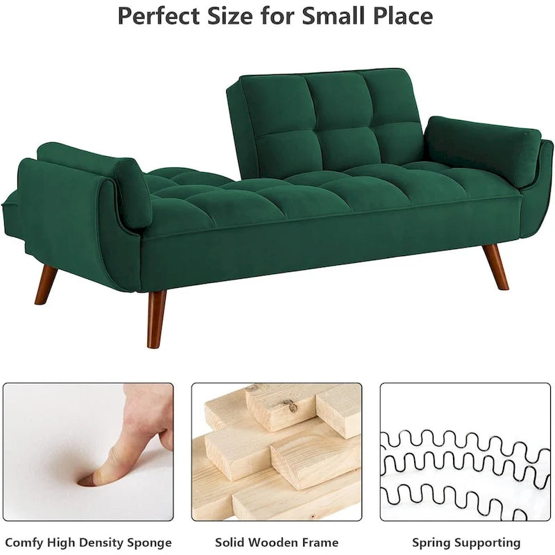 Canapé futon en velours, causeuse futon convertible avec dossier réglable et pieds coniques en bois pour salon, chambre à coucher
