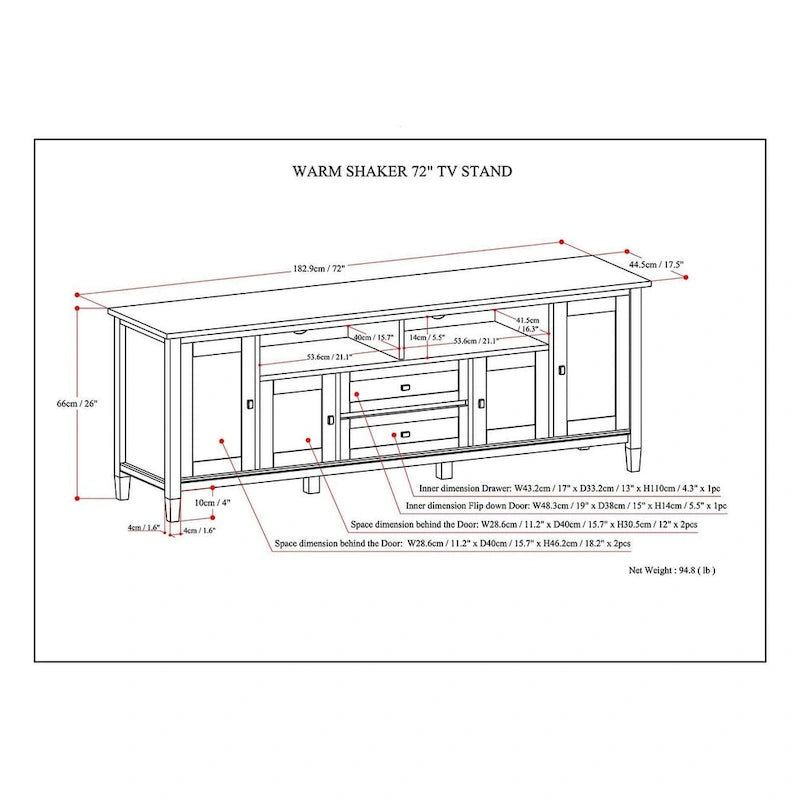 Meuble TV WYNDENHALL Norfolk en BOIS MASSIF de 72 pouces de large pour téléviseurs jusqu'à 80 pouces - 72 L x 17,5 P x 26 H