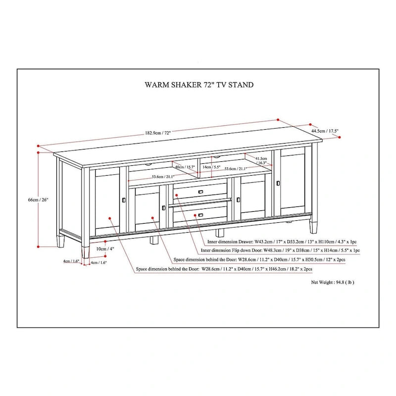 Meuble TV WYNDENHALL Norfolk en BOIS MASSIF de 72 pouces de large pour téléviseurs jusqu'à 80 pouces - 72 L x 17,5 P x 26 H