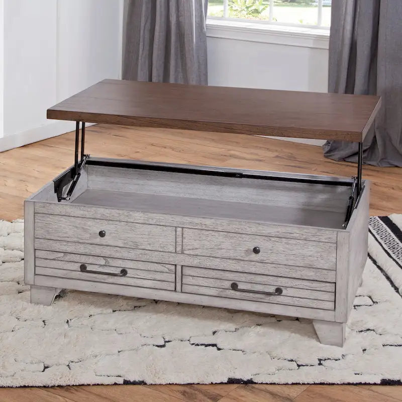 Table basse Steve Silver en bois deux tons, plateau relevable avec roulettes