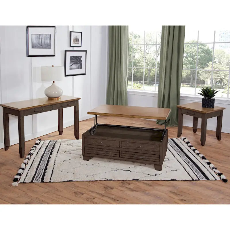 Table basse Steve Silver en bois deux tons, plateau relevable avec roulettes