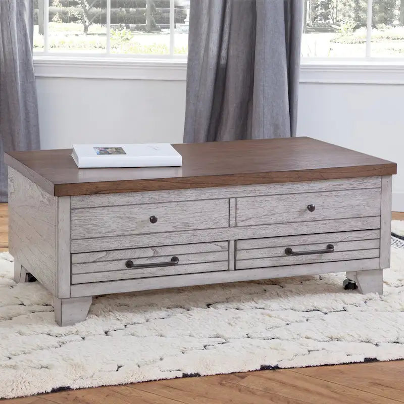 Table basse Steve Silver en bois deux tons, plateau relevable avec roulettes