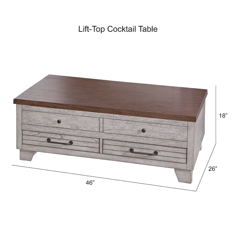 Table basse Steve Silver en bois deux tons, plateau relevable avec roulettes
