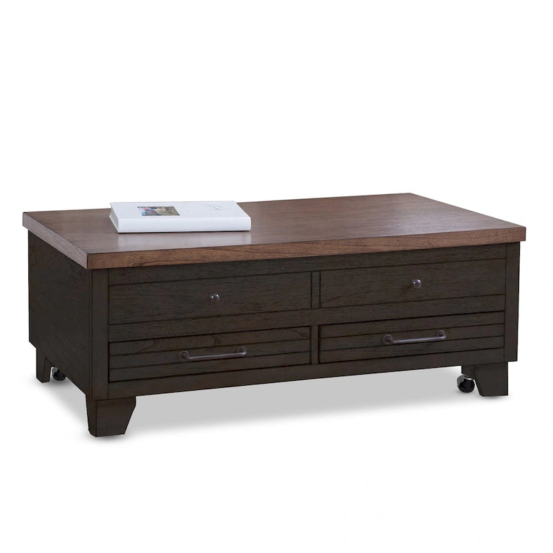 Table basse Steve Silver en bois deux tons, plateau relevable avec roulettes