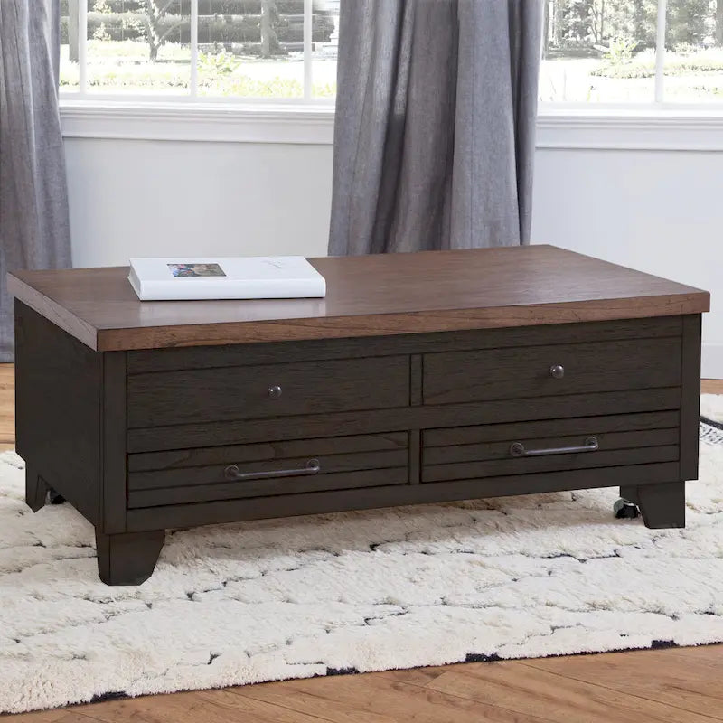 Table basse Steve Silver en bois deux tons, plateau relevable avec roulettes
