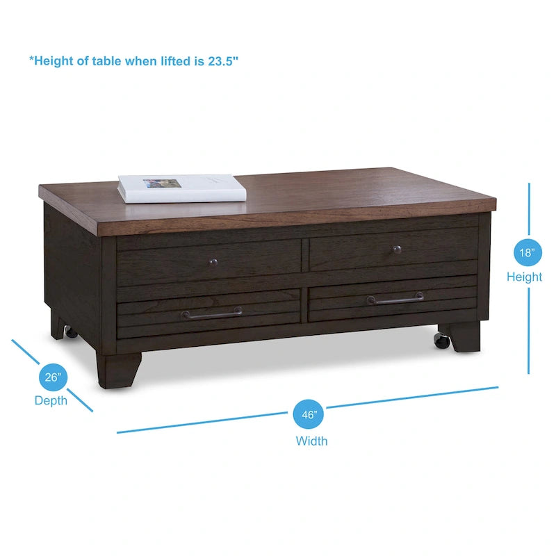 Table basse Steve Silver en bois deux tons, plateau relevable avec roulettes