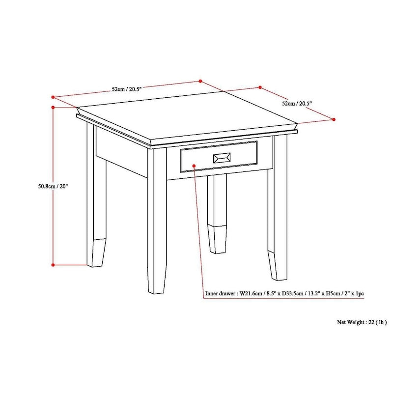 WYNDENHALL Stratford Table d'appoint carrée de style transitoire en BOIS MASSIF de 21 po de largeur