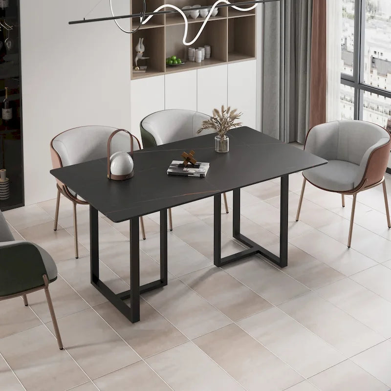 Table à manger rectangulaire moderne noire en marbre avec pieds en acier, 63L x 35W