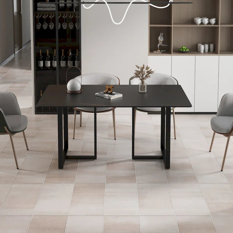 Table à manger rectangulaire moderne noire en marbre avec pieds en acier, 63L x 35W