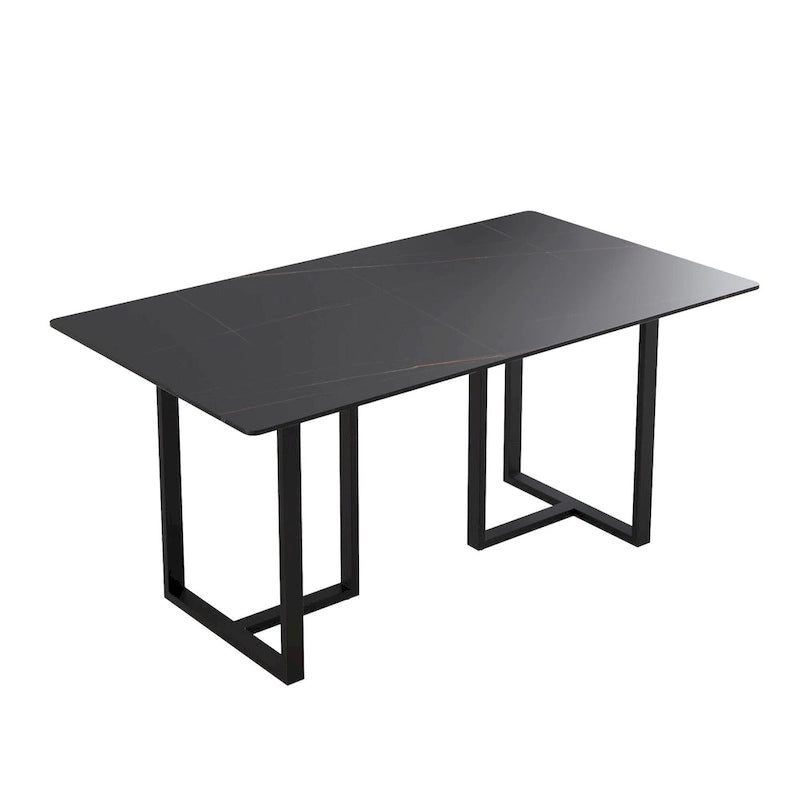 Table à manger rectangulaire moderne noire en marbre avec pieds en acier, 63L x 35W