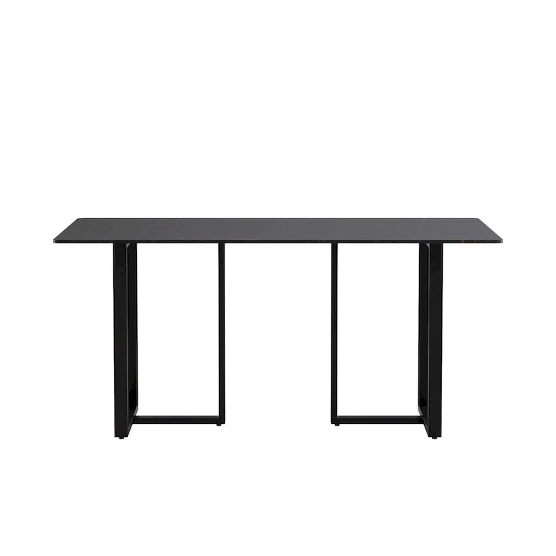 Table à manger rectangulaire moderne noire en marbre avec pieds en acier, 63L x 35W