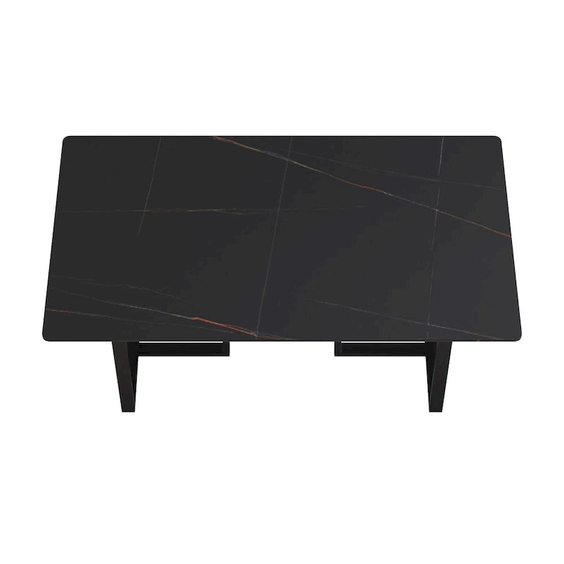 Table à manger rectangulaire moderne noire en marbre avec pieds en acier, 63L x 35W