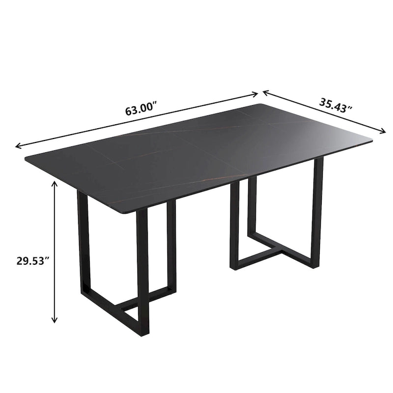 Table à manger rectangulaire moderne noire en marbre avec pieds en acier, 63L x 35W
