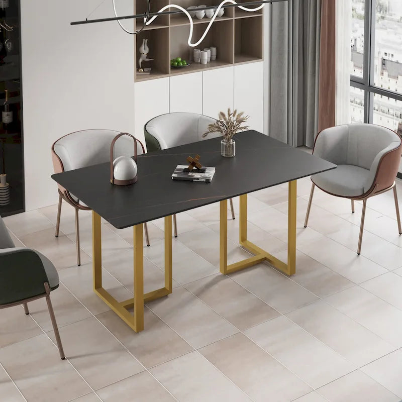 Table à manger rectangulaire moderne noire en marbre avec pieds en acier, 63L x 35W