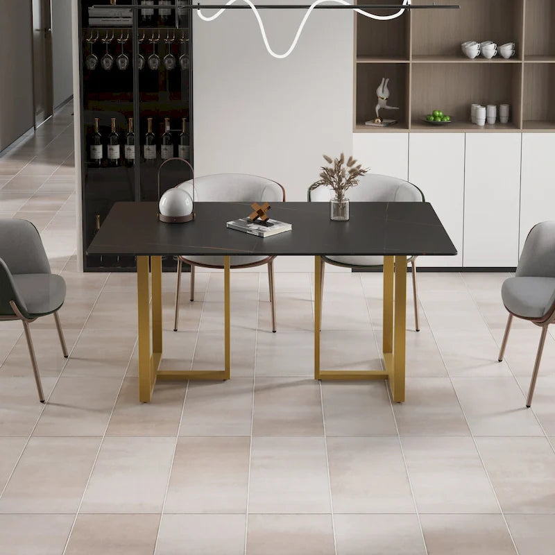 Table à manger rectangulaire moderne noire en marbre avec pieds en acier, 63L x 35W