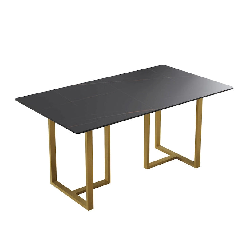 Table à manger rectangulaire moderne noire en marbre avec pieds en acier, 63L x 35W