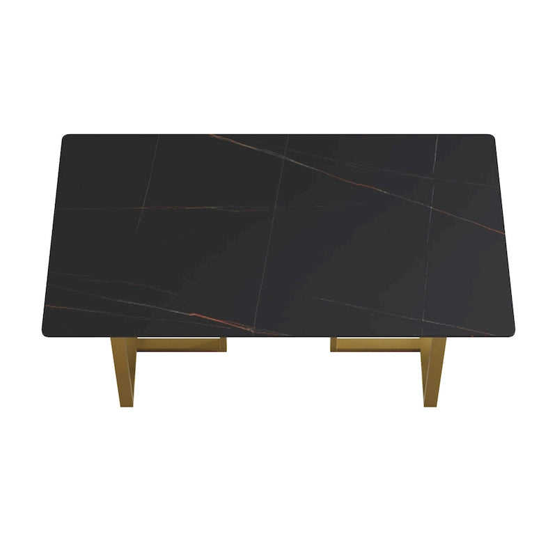 Table à manger rectangulaire moderne noire en marbre avec pieds en acier, 63L x 35W