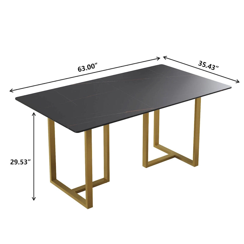 Table à manger rectangulaire moderne noire en marbre avec pieds en acier, 63L x 35W