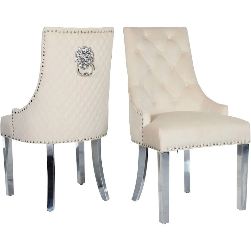 Lot de 2 chaises de salle à manger en velours, chaises de salle à manger capitonnées avec clous décoratifs, pieds en acier inoxydable et anneau de traction tête de lion