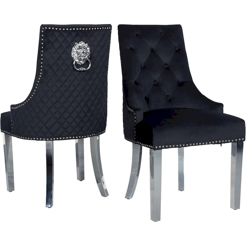 Lot de 2 chaises de salle à manger en velours, chaises de salle à manger capitonnées avec clous décoratifs, pieds en acier inoxydable et anneau de traction tête de lion