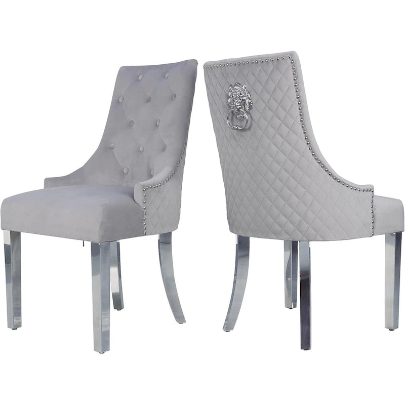 Lot de 2 chaises de salle à manger en velours, chaises de salle à manger capitonnées avec clous décoratifs, pieds en acier inoxydable et anneau de traction tête de lion