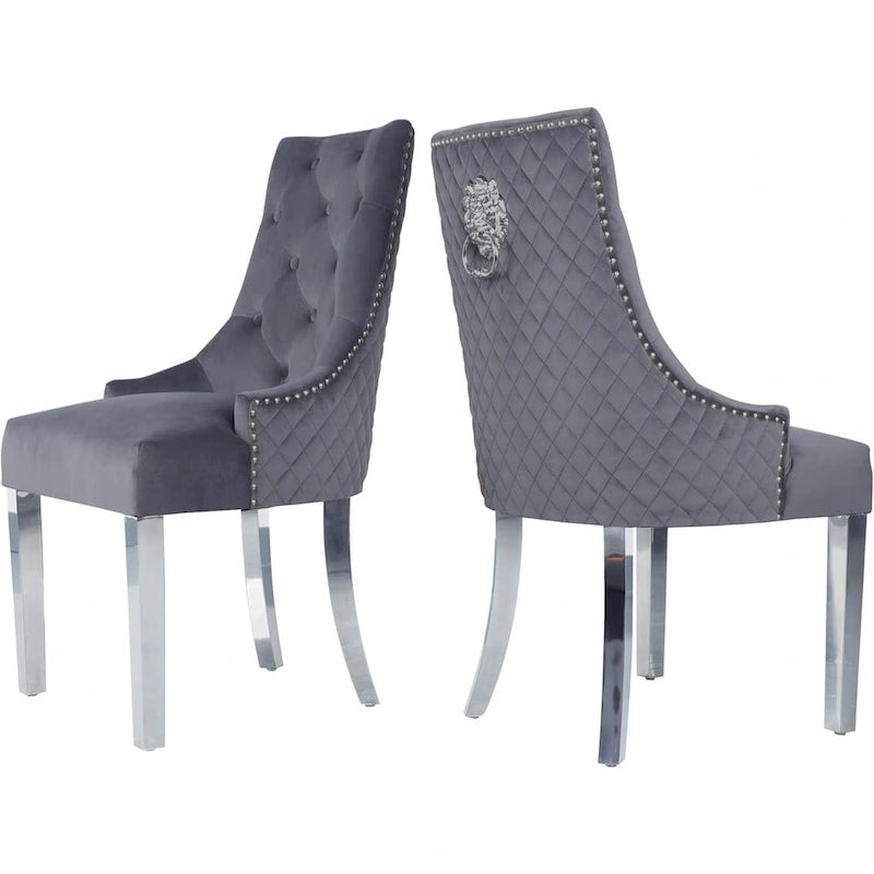 Lot de 2 chaises de salle à manger en velours, chaises de salle à manger capitonnées avec clous décoratifs, pieds en acier inoxydable et anneau de traction tête de lion