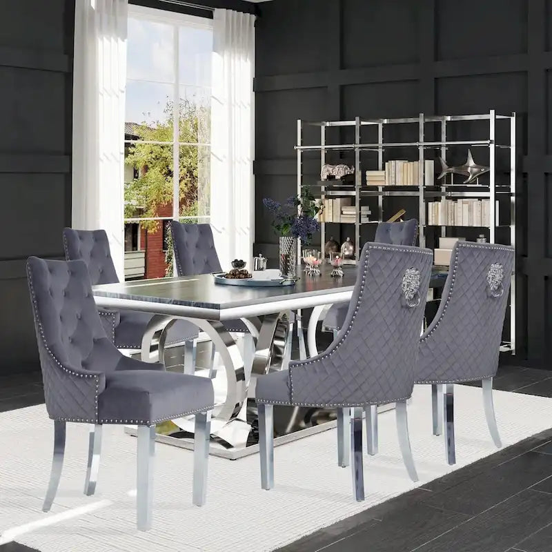 Lot de 2 chaises de salle à manger en velours, chaises de salle à manger capitonnées avec clous décoratifs, pieds en acier inoxydable et anneau de traction tête de lion