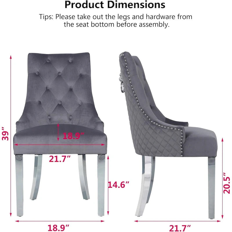 Lot de 2 chaises de salle à manger en velours, chaises de salle à manger capitonnées avec clous décoratifs, pieds en acier inoxydable et anneau de traction tête de lion