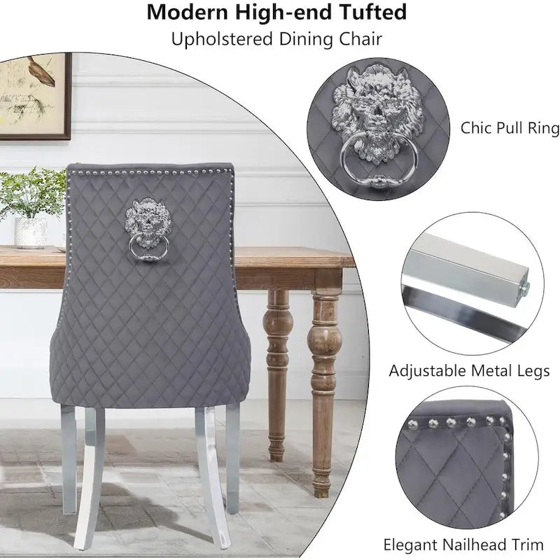 Lot de 2 chaises de salle à manger en velours, chaises de salle à manger capitonnées avec clous décoratifs, pieds en acier inoxydable et anneau de traction tête de lion