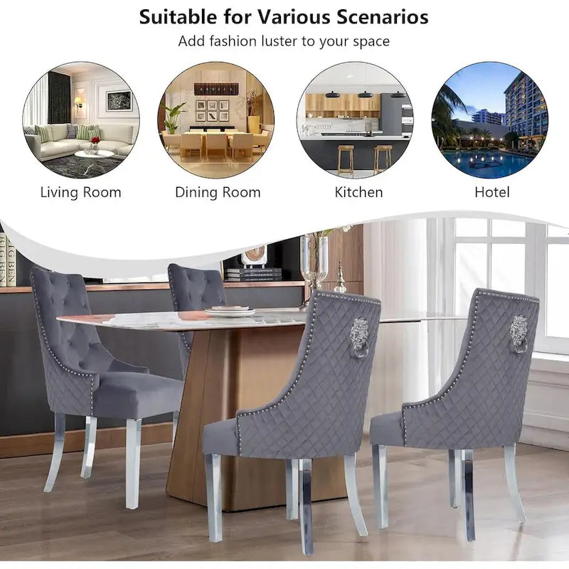 Lot de 2 chaises de salle à manger en velours, chaises de salle à manger capitonnées avec clous décoratifs, pieds en acier inoxydable et anneau de traction tête de lion