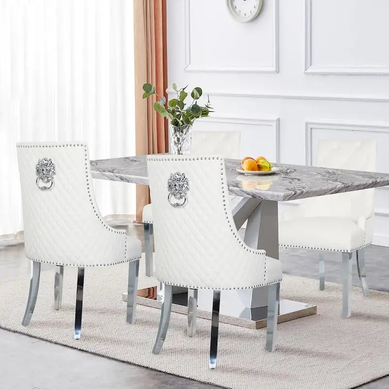 Lot de 2 chaises de salle à manger en velours, chaises de salle à manger capitonnées avec clous décoratifs, pieds en acier inoxydable et anneau de traction tête de lion
