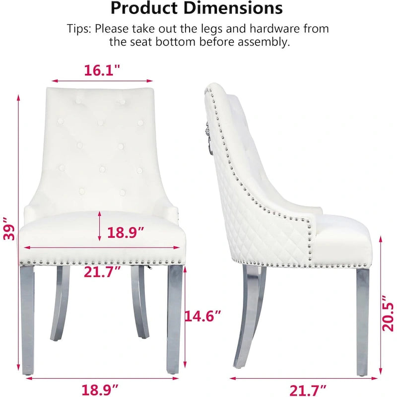 Lot de 2 chaises de salle à manger en velours, chaises de salle à manger capitonnées avec clous décoratifs, pieds en acier inoxydable et anneau de traction tête de lion