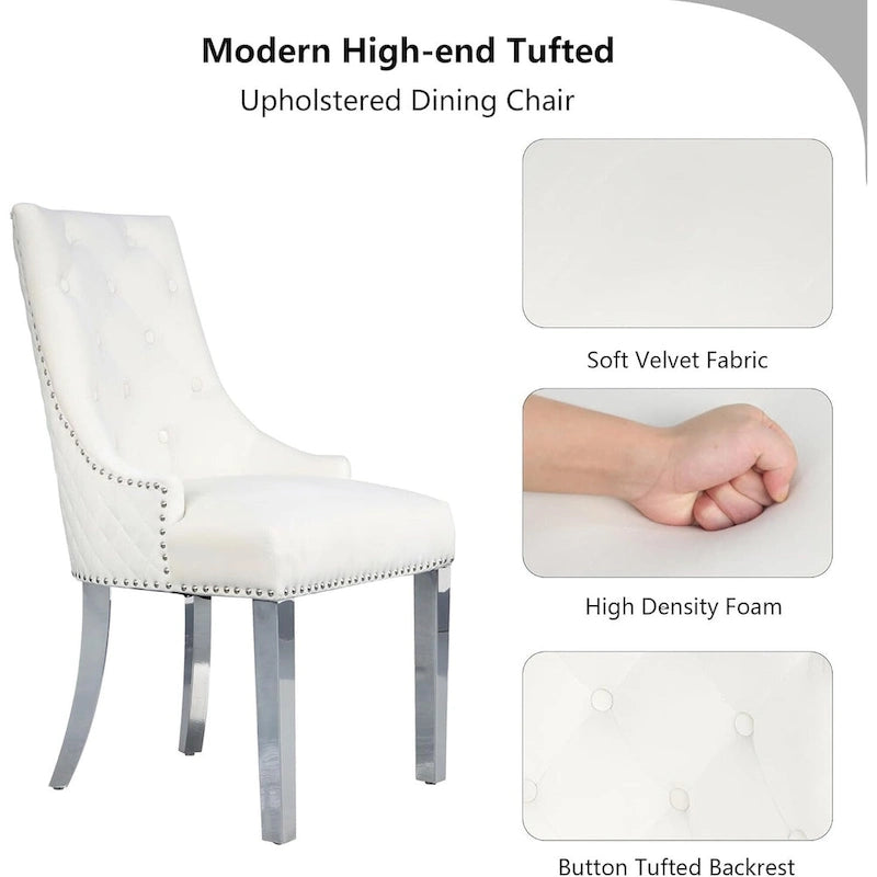 Lot de 2 chaises de salle à manger en velours, chaises de salle à manger capitonnées avec clous décoratifs, pieds en acier inoxydable et anneau de traction tête de lion