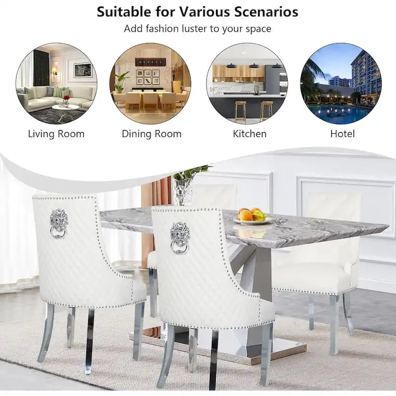 Lot de 2 chaises de salle à manger en velours, chaises de salle à manger capitonnées avec clous décoratifs, pieds en acier inoxydable et anneau de traction tête de lion