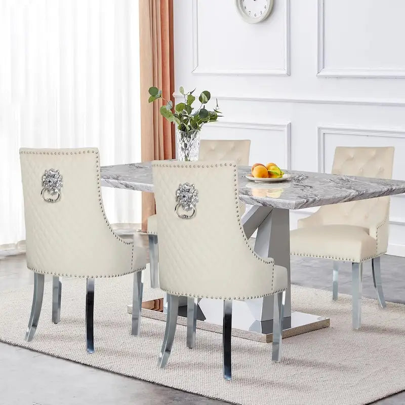 Lot de 2 chaises de salle à manger en velours, chaises de salle à manger capitonnées avec clous décoratifs, pieds en acier inoxydable et anneau de traction tête de lion