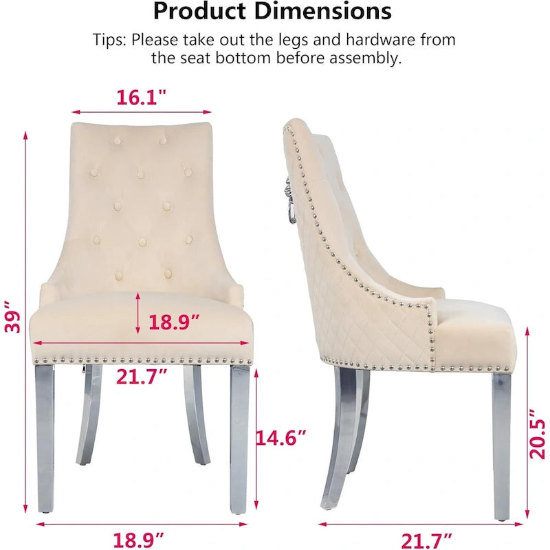 Lot de 2 chaises de salle à manger en velours, chaises de salle à manger capitonnées avec clous décoratifs, pieds en acier inoxydable et anneau de traction tête de lion
