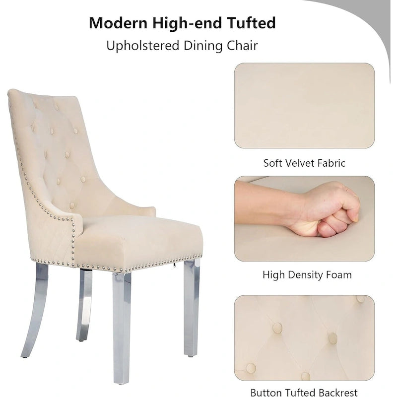 Lot de 2 chaises de salle à manger en velours, chaises de salle à manger capitonnées avec clous décoratifs, pieds en acier inoxydable et anneau de traction tête de lion