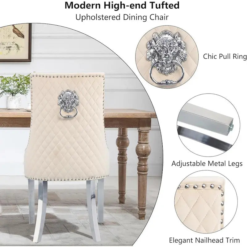 Lot de 2 chaises de salle à manger en velours, chaises de salle à manger capitonnées avec clous décoratifs, pieds en acier inoxydable et anneau de traction tête de lion