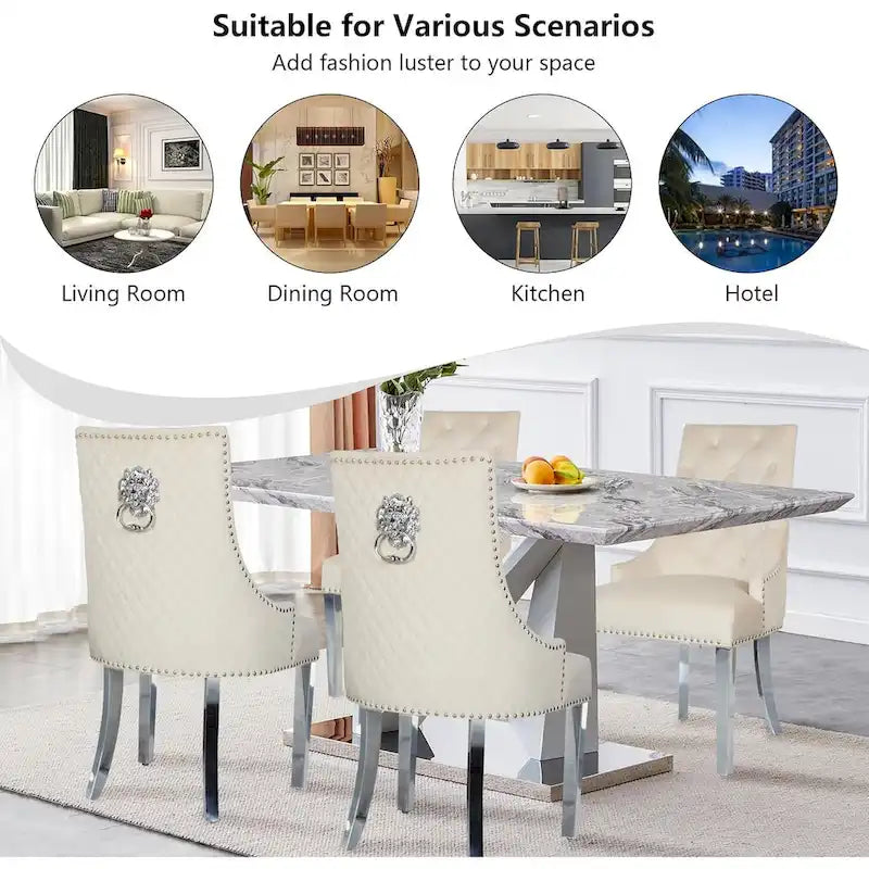Lot de 2 chaises de salle à manger en velours, chaises de salle à manger capitonnées avec clous décoratifs, pieds en acier inoxydable et anneau de traction tête de lion