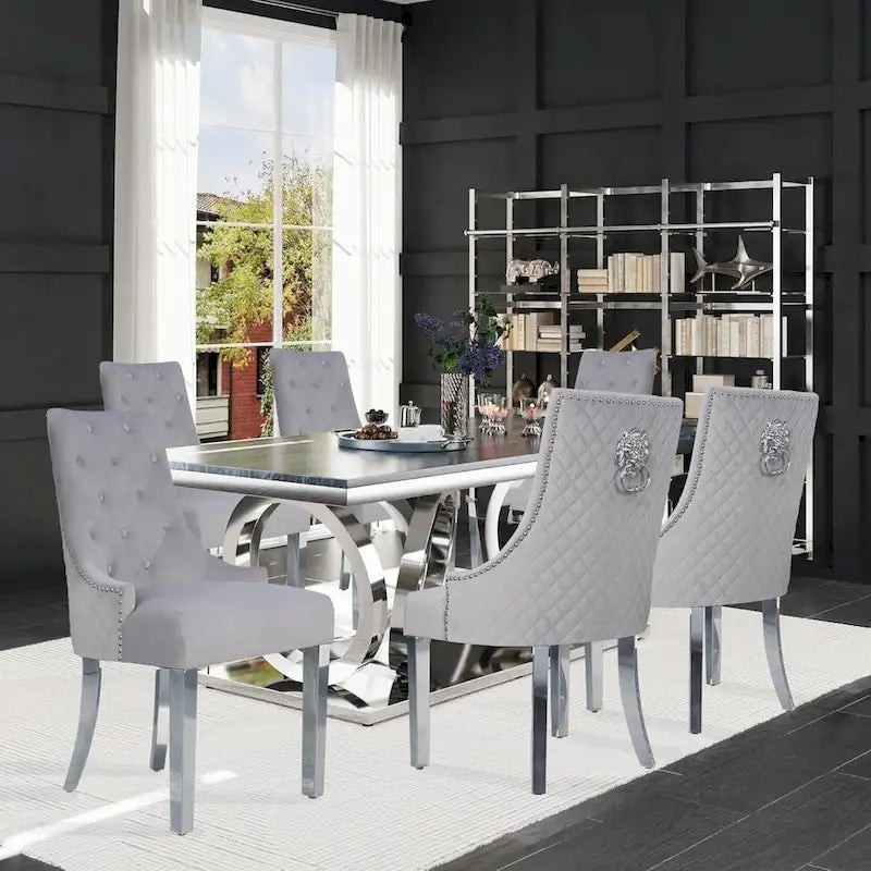 Lot de 2 chaises de salle à manger en velours, chaises de salle à manger capitonnées avec clous décoratifs, pieds en acier inoxydable et anneau de traction tête de lion